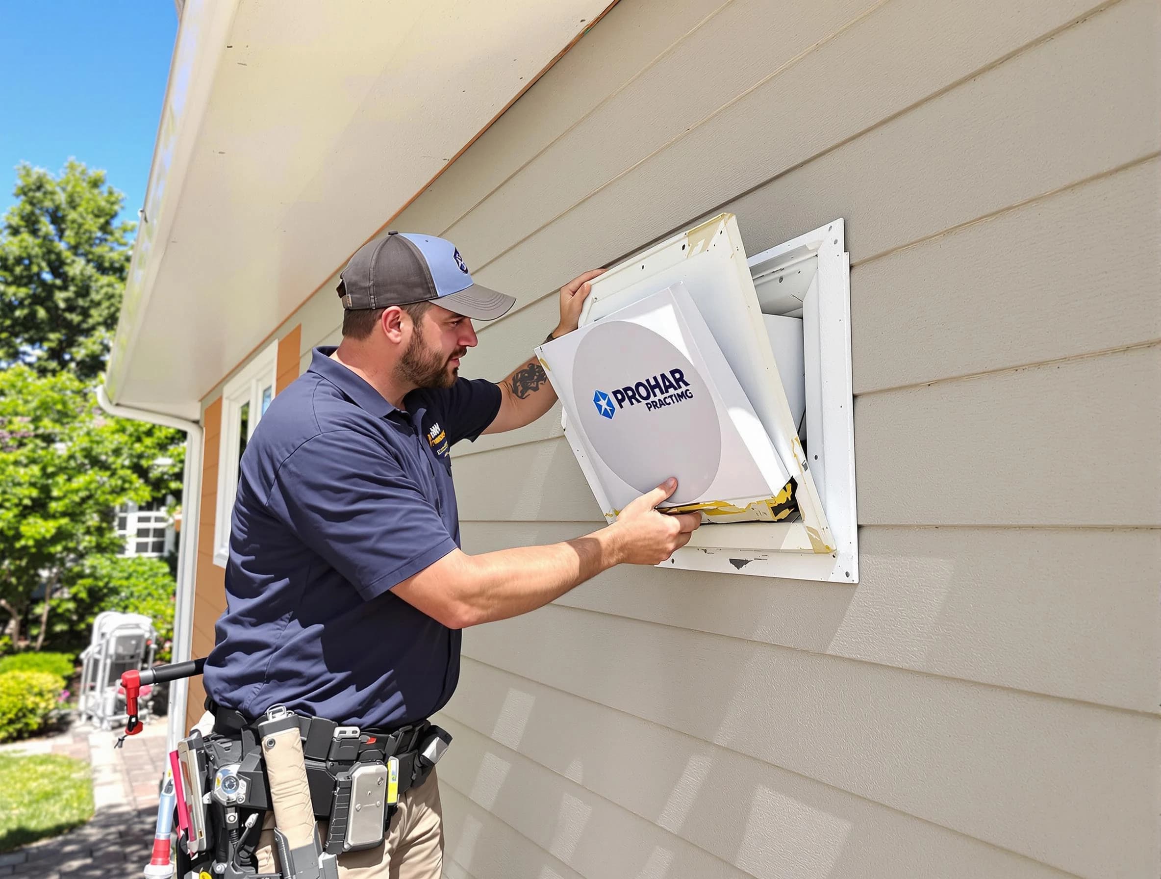 Kaysville Dryer Vent Cleaning technician installing a new protective dryer vent cover on a home in Kaysville