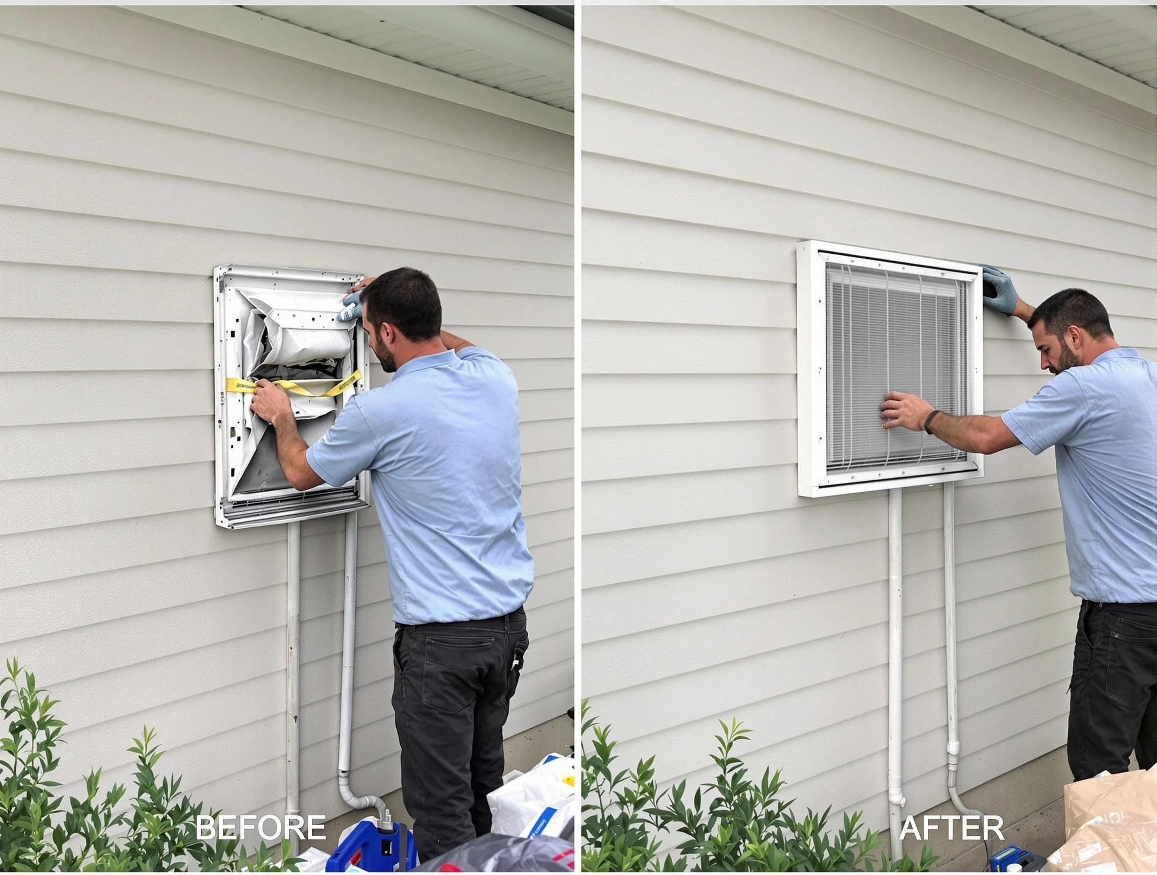 Kaysville Dryer Vent Cleaning technician installing high-quality dryer vent cover at a residential property in Kaysville
