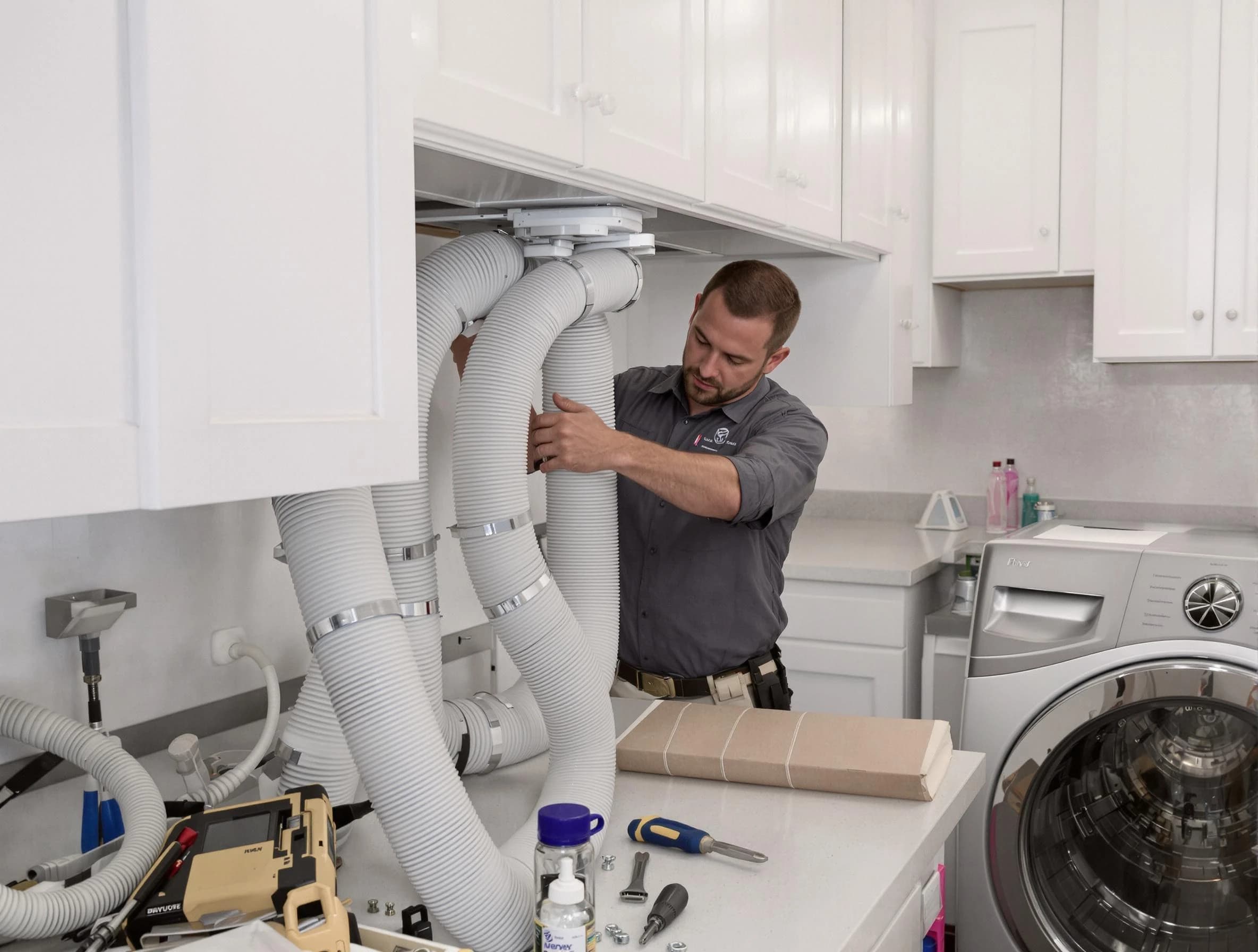 Kaysville Dryer Vent Cleaning technician installing a new professional-grade dryer vent hose in Kaysville
